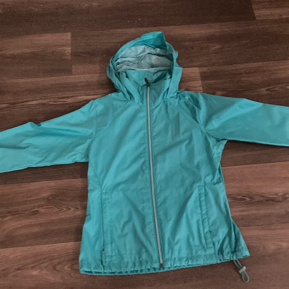Columbia Blue Raincoat with Hood and Water-Resistant Material